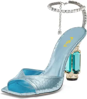 FSJ Women Square Open Toe Heeled Sandals Crystal Chain Ankle Strap Pumps Rhinestone Buckle Jewel Chunky High Heels Party Bridal Shoes Size 4-16 US