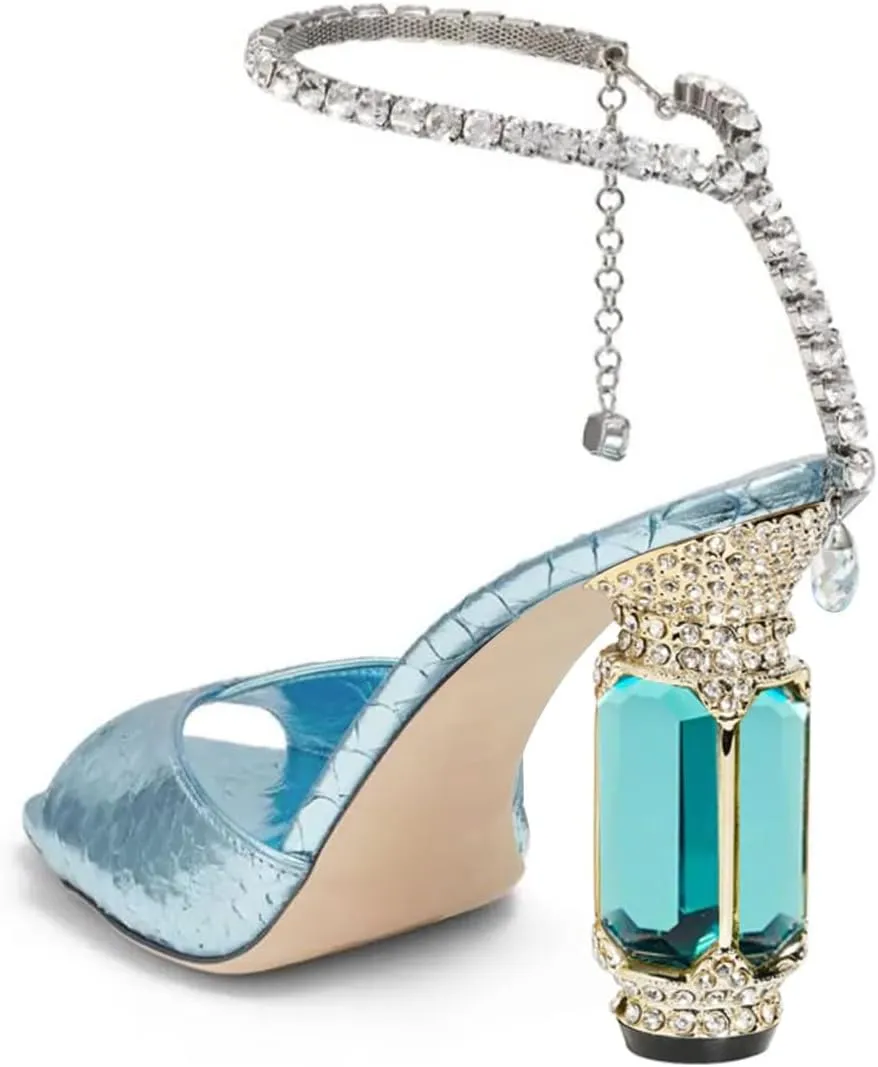FSJ Women Square Open Toe Heeled Sandals Crystal Chain Ankle Strap Pumps Rhinestone Buckle Jewel Chunky High Heels Party Bridal Shoes Size 4-16 US