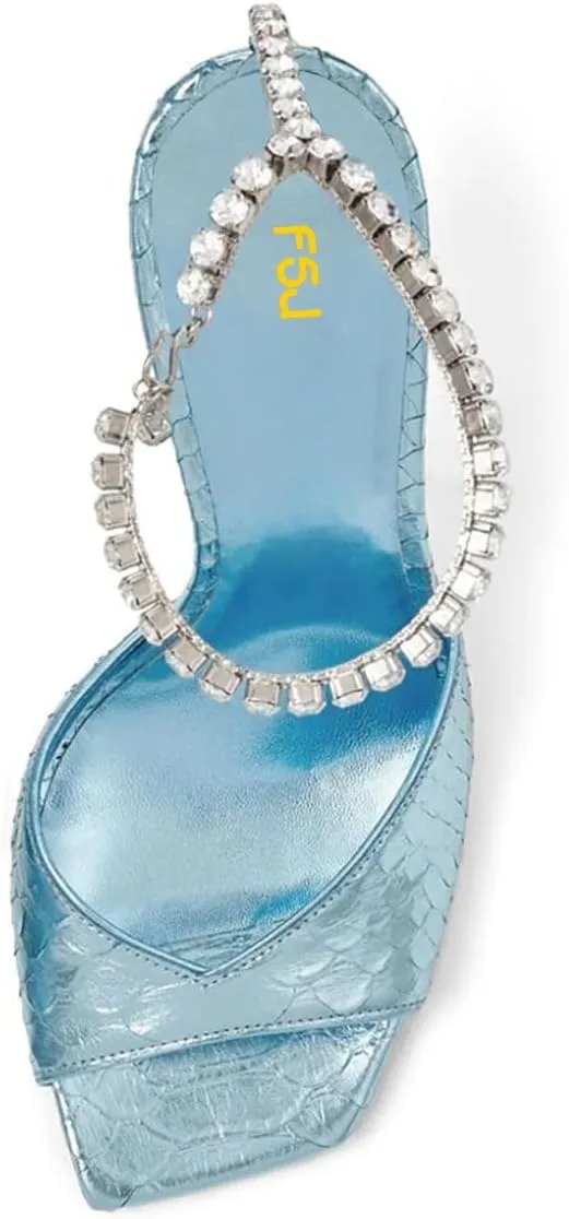 FSJ Women Square Open Toe Heeled Sandals Crystal Chain Ankle Strap Pumps Rhinestone Buckle Jewel Chunky High Heels Party Bridal Shoes Size 4-16 US
