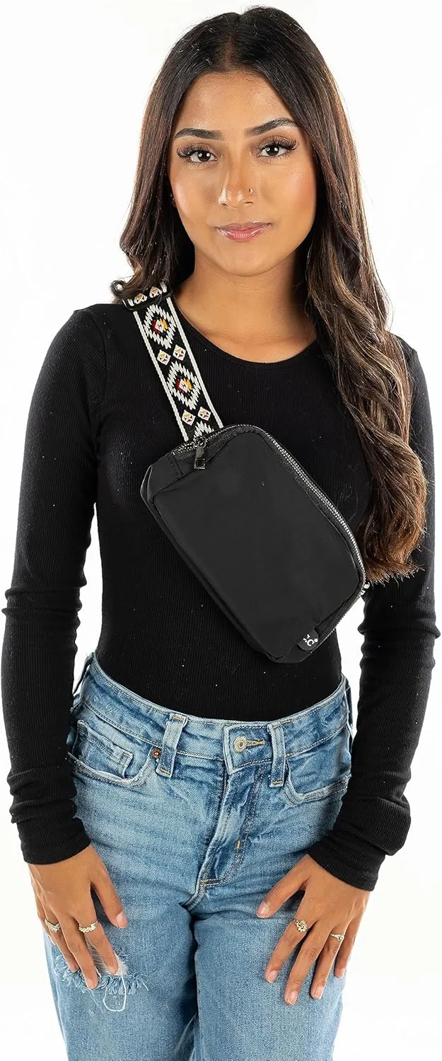 Funky Junque Black Belt Bag Fanny Pack for Women Cross Body Waist Bag with Adjustable Strap, Multiple Pockets for Girls - Aztec Strap - Black