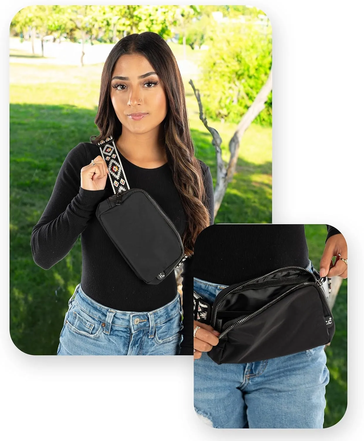 Funky Junque Black Belt Bag Fanny Pack for Women Cross Body Waist Bag with Adjustable Strap, Multiple Pockets for Girls - Aztec Strap - Black