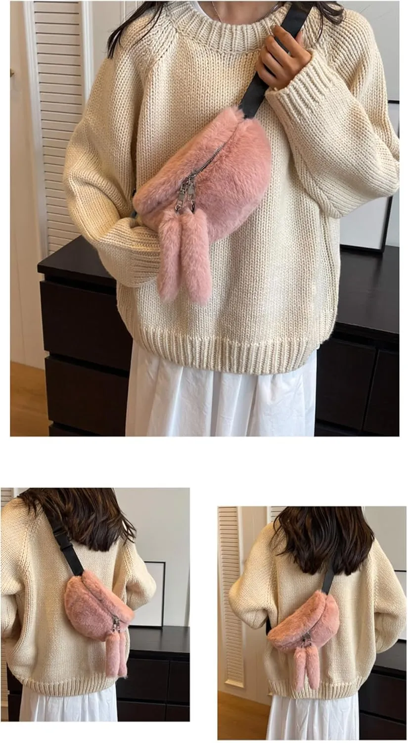 Fuzzy Fanny Pack for Women Faux Fur Belt Bum Bag with Adjustable Strap Waist Pouch Casual Crossbody Purse for Travel