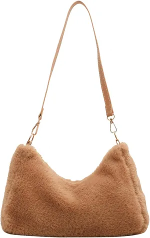 Fuzzy Plush Handbag Women 2024 Fall Winter Fashion Stylish Shoulder Bag PU Strap Smooth Zip Cozy Fur