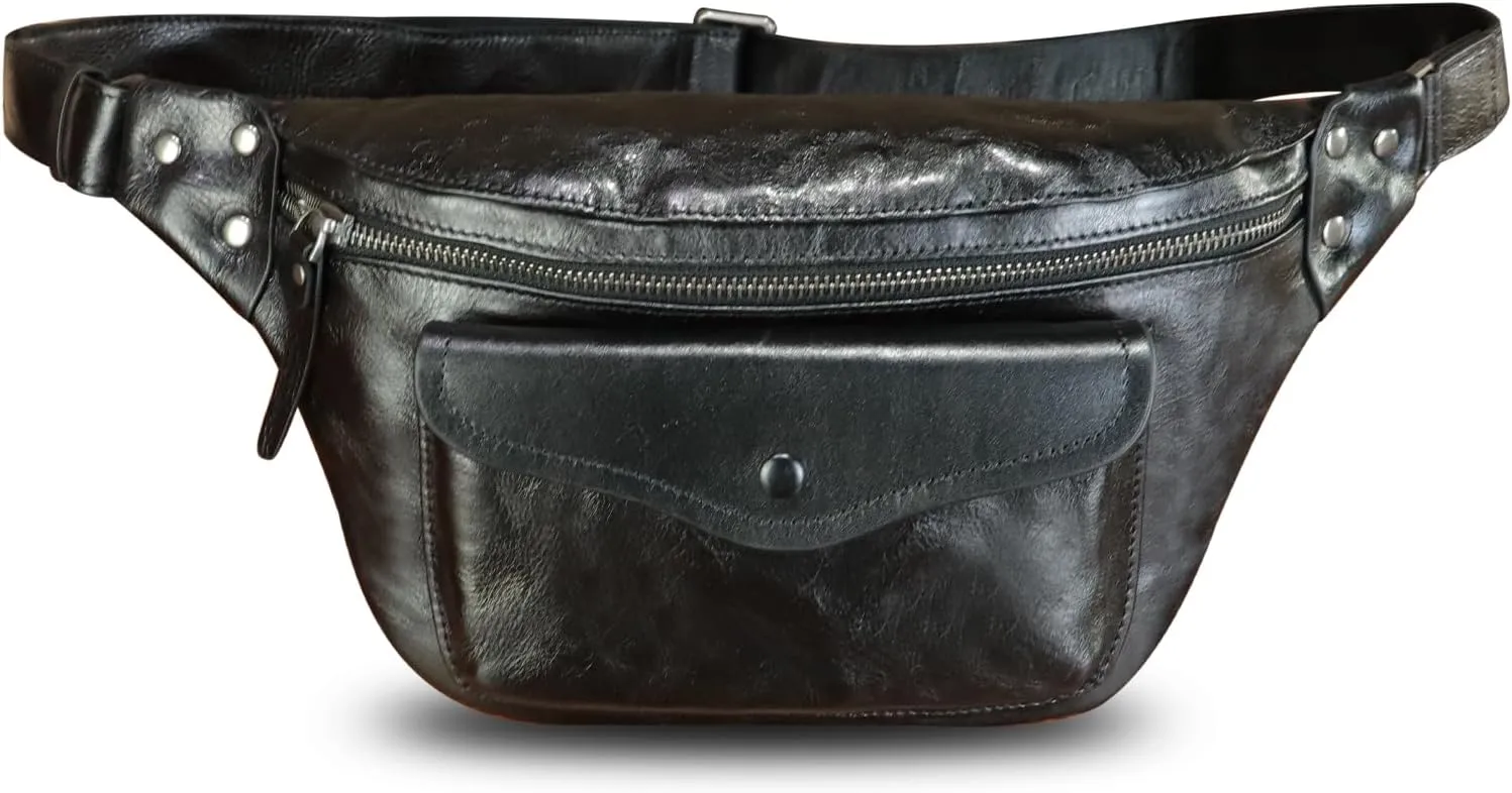 Genuine Leather Fanny Pack for Women and Men Vintage Handmade Leather Waist Bag Sling Bag Crossbody Bag Hip Bag Chest Purse (Black)