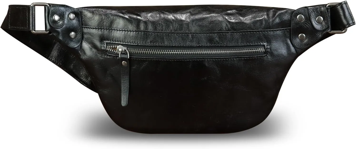 Genuine Leather Fanny Pack for Women and Men Vintage Handmade Leather Waist Bag Sling Bag Crossbody Bag Hip Bag Chest Purse (Black)