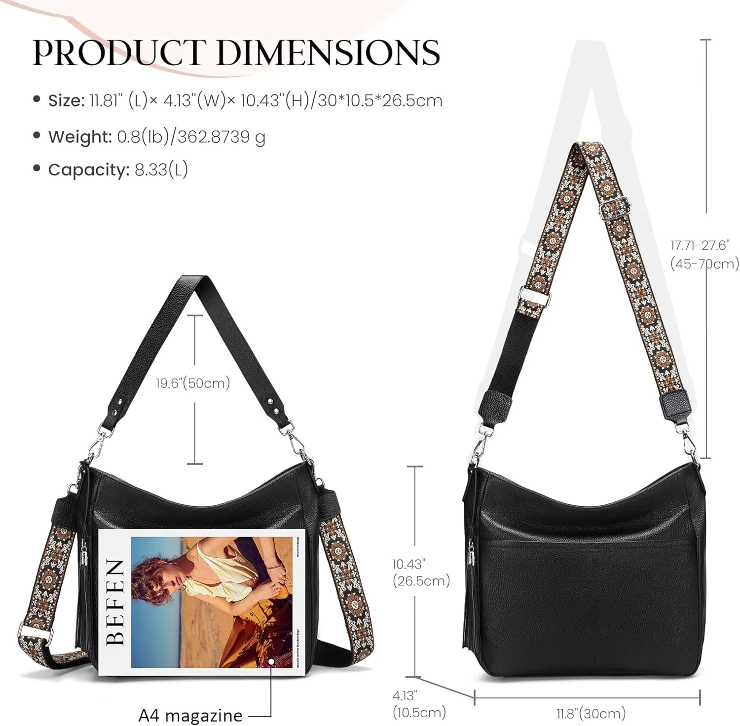 Genuine Leather Purse for Women, Soft Leather Crossbody Hobo Bag with 2 Removable Straps Womens Purses and Handbags