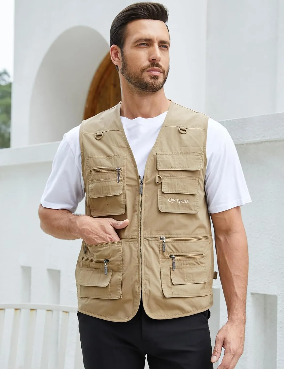 Gihuo Men's Fishing Vest Utility Safari Travel Vest with Pockets Outdoor Work Photo Cargo Fly Summer Vest