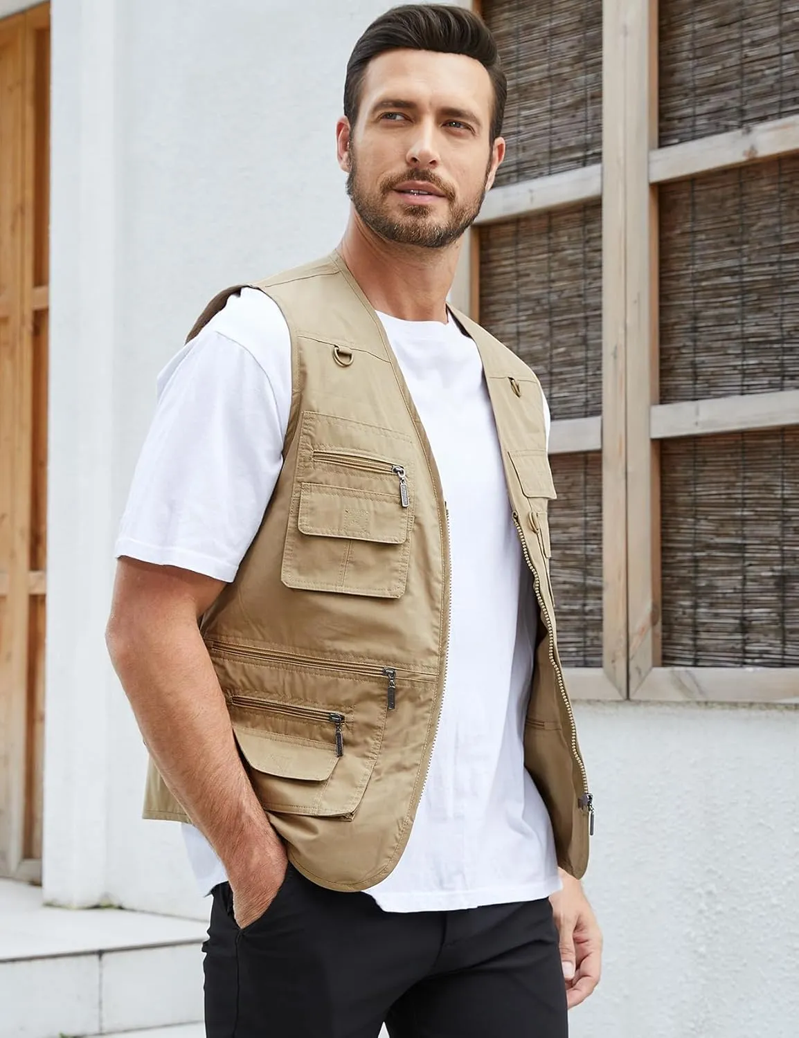 Gihuo Men's Fishing Vest Utility Safari Travel Vest with Pockets Outdoor Work Photo Cargo Fly Summer Vest