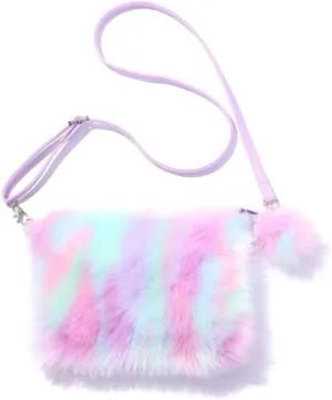 Girls Fluffy Crossbody Purse Plush Rainbow Shoulder Bag Kids Crossbody Bag Handbag