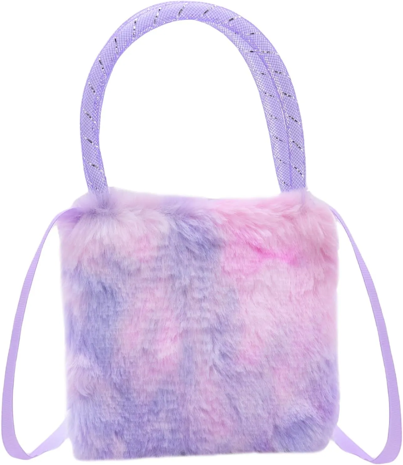 Girls Kids Fluffy Fuzzy Bowknot Crossbody Purse Cute Animal Rainbow Tie Dye Plush Shoulder Bag Coin Purse