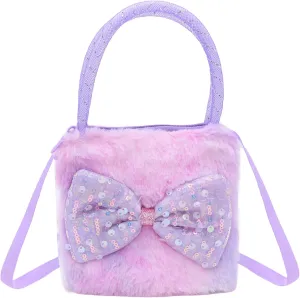 Girls Kids Fluffy Fuzzy Bowknot Crossbody Purse Cute Animal Rainbow Tie Dye Plush Shoulder Bag Coin Purse