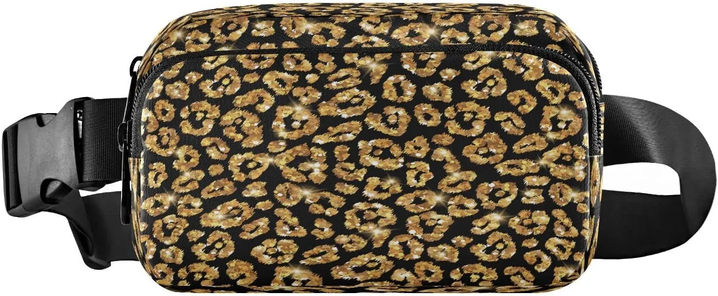 Gold Leopard Print Fanny Pack Crossbody Bags for Women Men Glitter Fur Pattern Belt Bag Waterproof Fashion Waist Packs Unisex with Adjustable Strap for Running Workout Travel Hiking Cycling