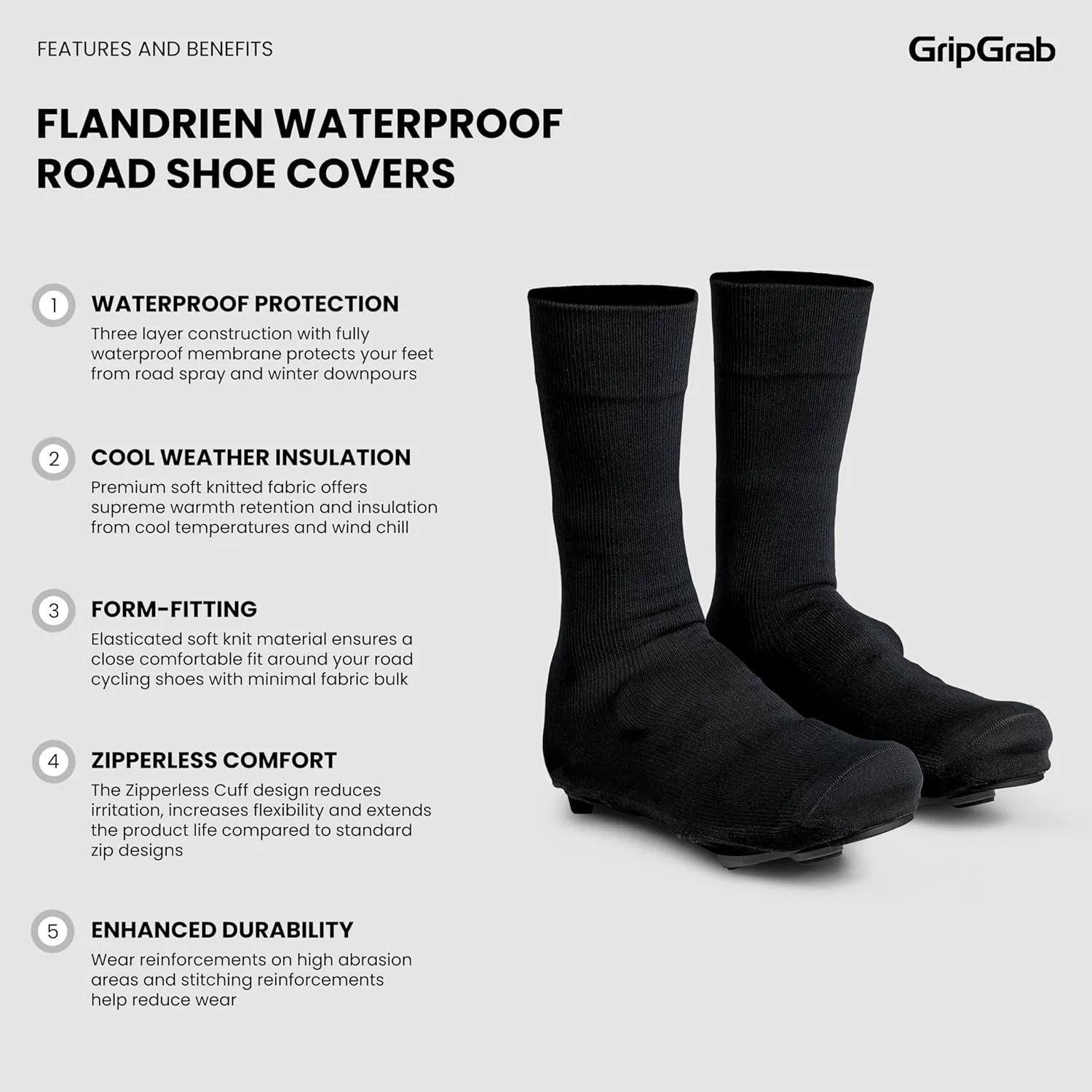 GripGrab Flandrien Waterproof Knitted Road Cycling Shoe Covers High Cut Windproof Insulating Zipperless Aero Overshoes