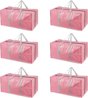 Heavy Duty Extra Large Moving Bags with Extra Long Handles -Includes Backpack Straps - Easy Storage For Space Saving (Pink-6 Bag)