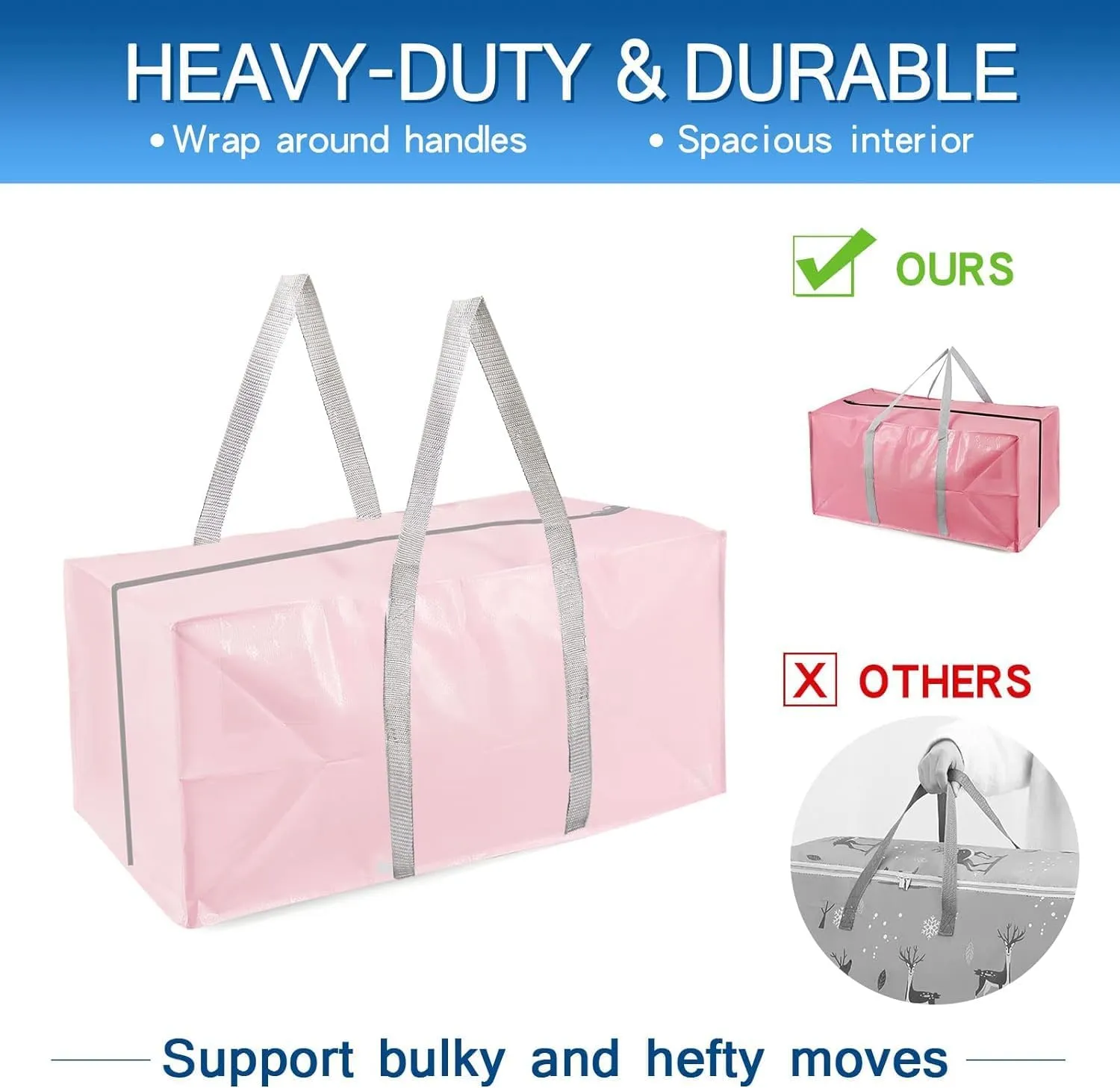 Heavy Duty Extra Large Moving Bags with Extra Long Handles -Includes Backpack Straps - Easy Storage For Space Saving (Pink-6 Bag)