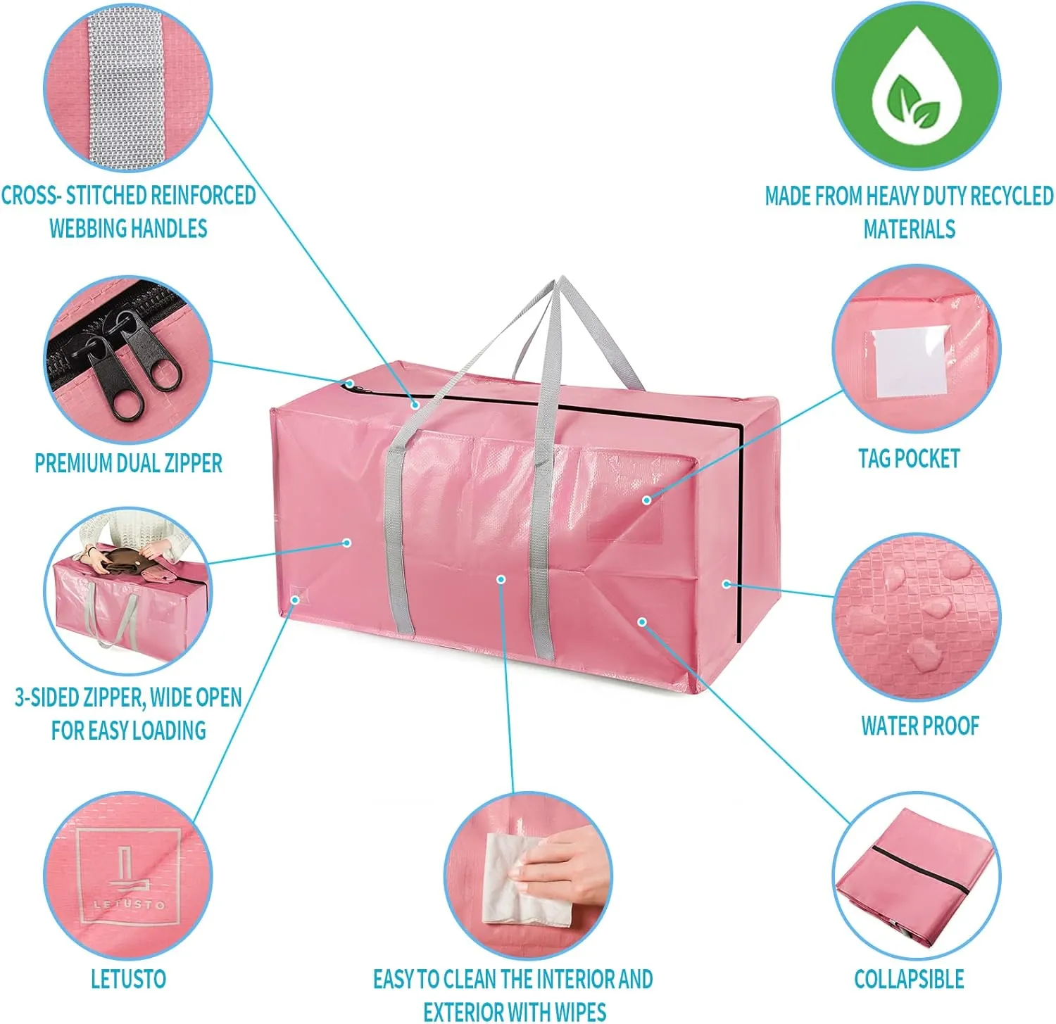 Heavy Duty Extra Large Moving Bags with Extra Long Handles -Includes Backpack Straps - Easy Storage For Space Saving (Pink-6 Bag)