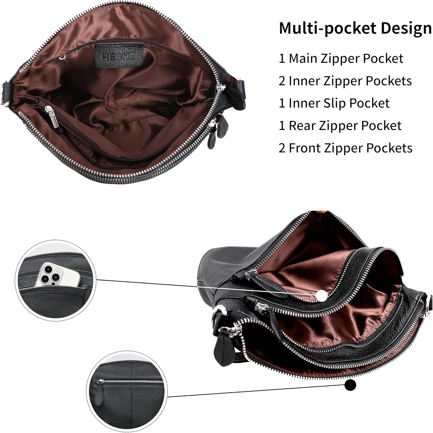 HESHE Leather Crossbody Bags Purses for Women Small Functional Multi Pocket Cross Body Purses Shoulder Satchel Handbags