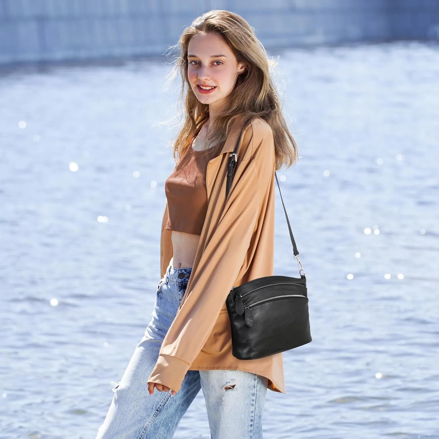 HESHE Leather Crossbody Bags Purses for Women Small Functional Multi Pocket Cross Body Purses Shoulder Satchel Handbags