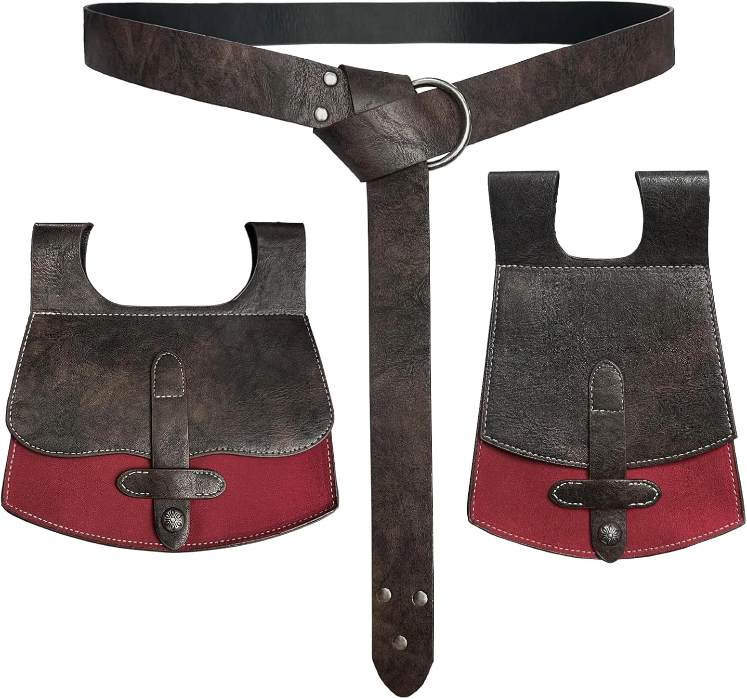 HiiFeuer 3PCs Medieval Faux Leather Belt with Vintage Handmade Belt Bag and Retro Knight Waist Bag, Renaissance Belt Pouch Set (Brown C)