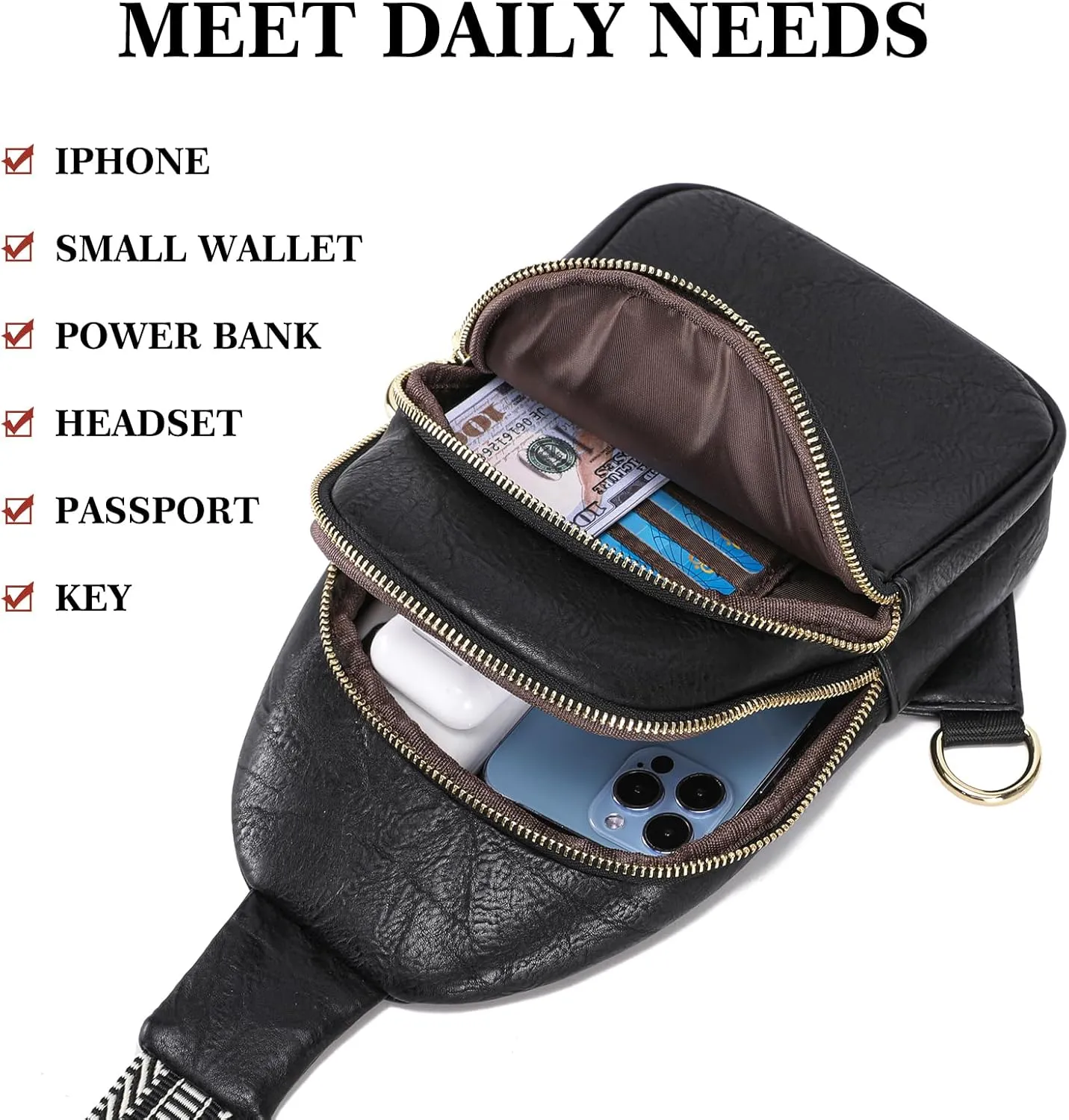 INICAT Crossbody Sling Bags Fanny Packs Leather Purses Chest Bag for Women
