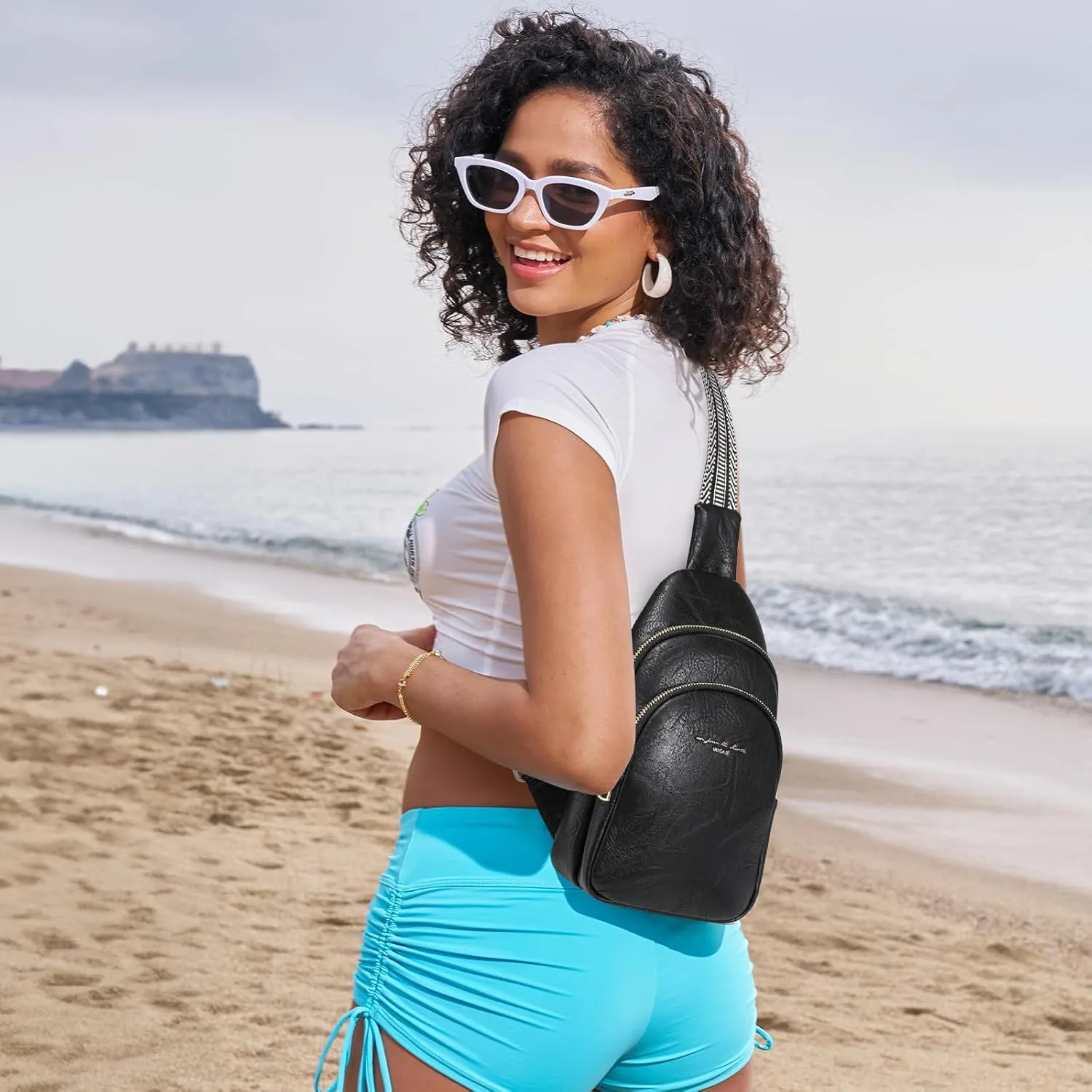INICAT Crossbody Sling Bags Fanny Packs Leather Purses Chest Bag for Women