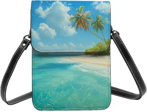 Island with Sandy Beach and Palm Tree Printed Crossbody Cell Phone Bag for Women Men, Small Leather Cell Phone Purse Wallet, Hold Two Phones