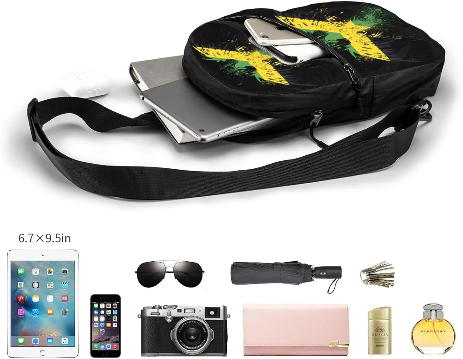Jamaican Flag Eagle Portable Crossbody Bag Foldable Sling Bags Sports Gym Chest Daypack Reusable Shoulder Backpack Casual Diagonally Rucksack Fanny Packs