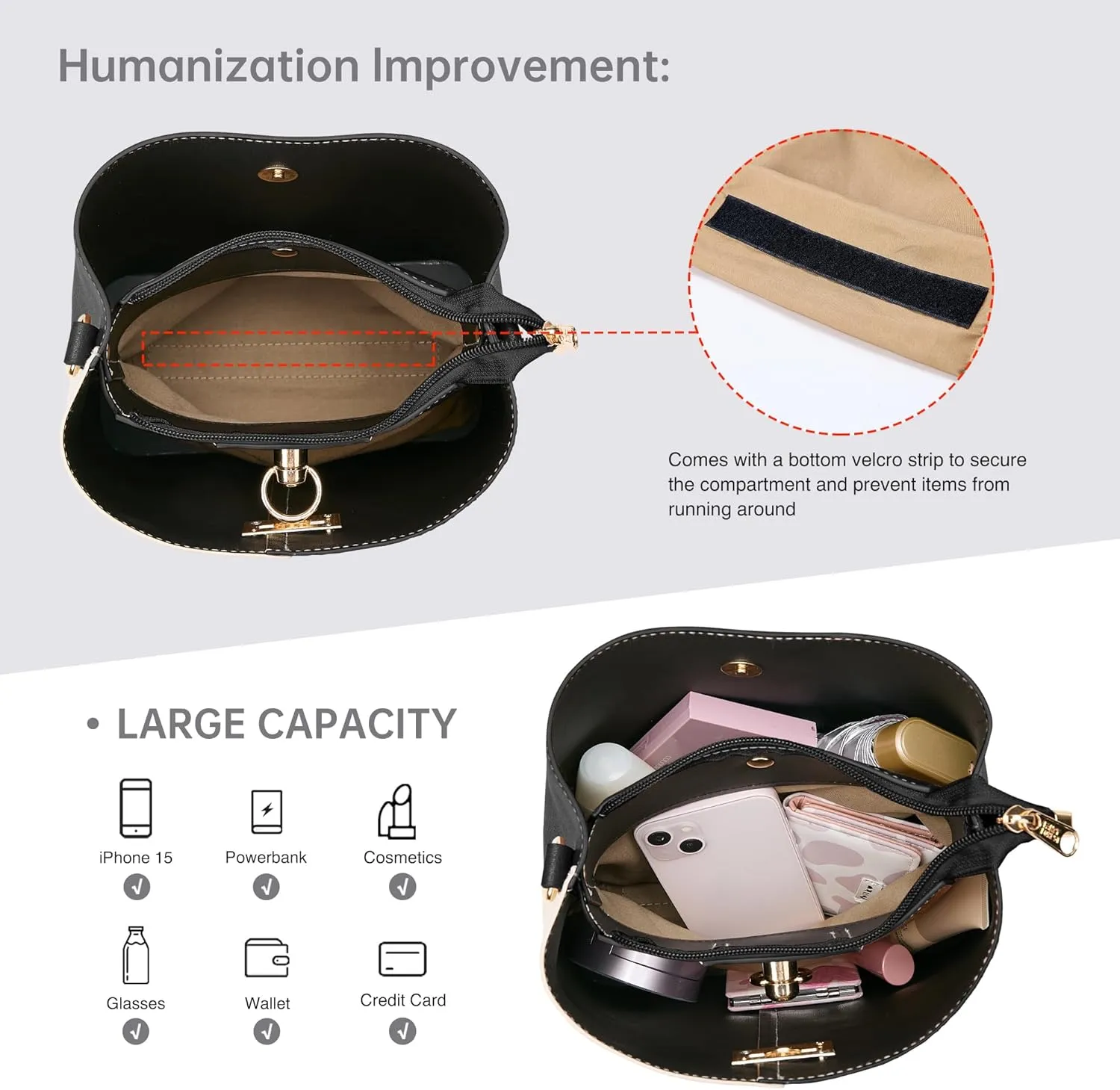 KALIDI Crossbody Purses for Women Vegan Leather Bucket Bag Fashion Ladies Crossbody Handbag Shoulder Purse with Multi Pockets