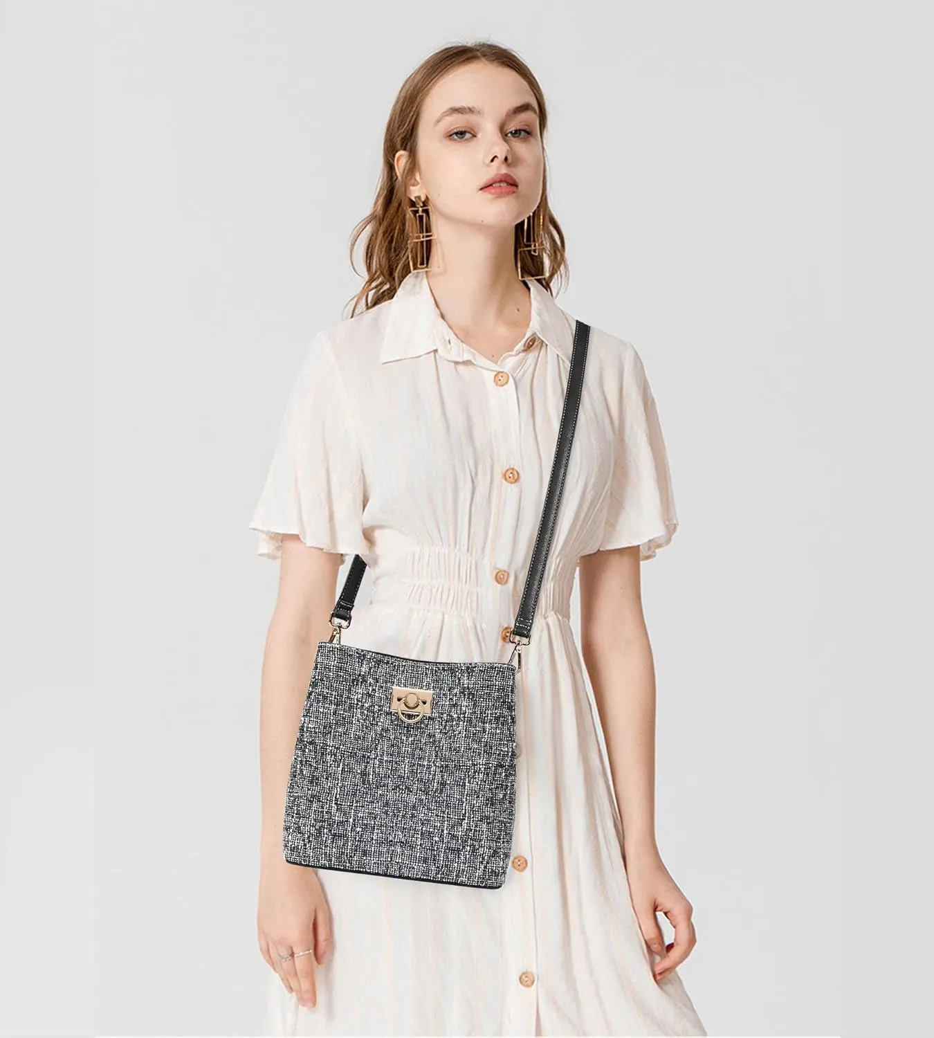 KALIDI Crossbody Purses for Women Vegan Leather Bucket Bag Fashion Ladies Crossbody Handbag Shoulder Purse with Multi Pockets