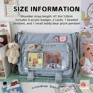 Kawaii Crossbody Ita Bag for Women with Pin & Plush Bear - Japanese Messenger Bags Y2K Shoulder Backpack