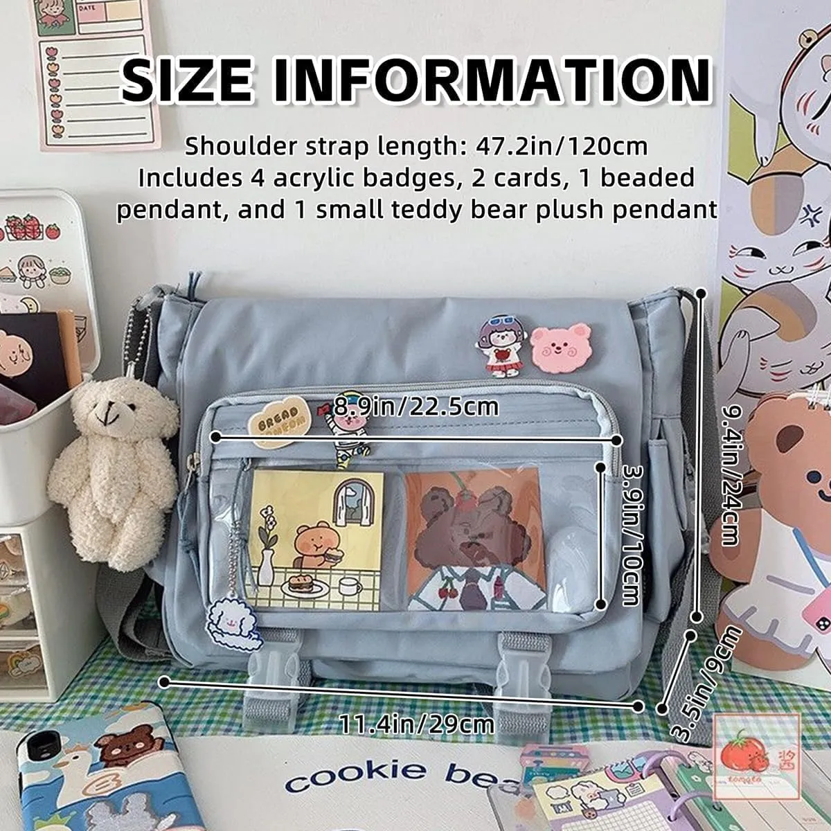 Kawaii Crossbody Ita Bag for Women with Pin & Plush Bear - Japanese Messenger Bags Y2K Shoulder Backpack