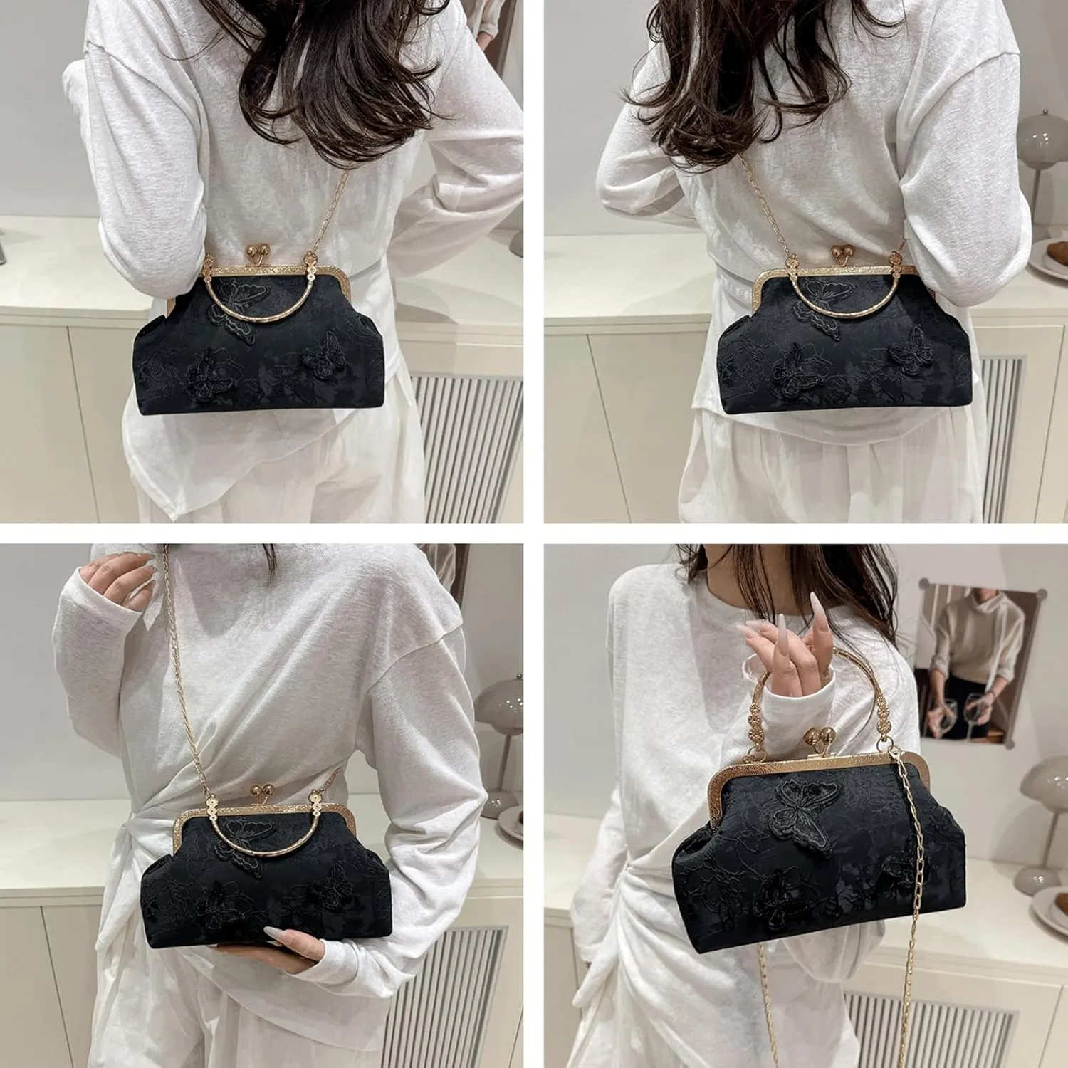 Kiss Lock Purse and Handbag for Women Floral Embroidered Crossbody Bag Medium Handbags Kiss Clasp Tote Shoulder Bags