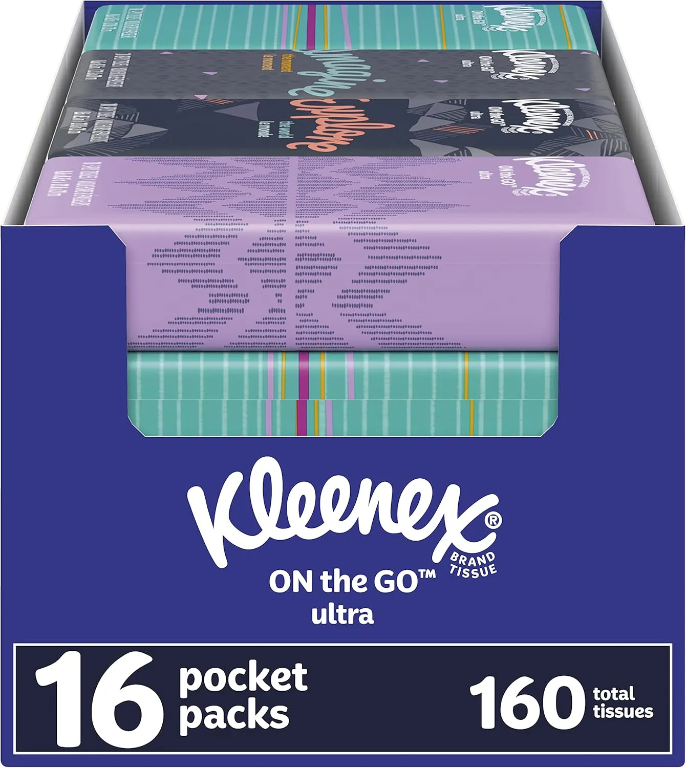 Kleenex On-The-Go Facial Tissues, 16 On-The-Go Packs, 10 Tissues per Box, 3-Ply (160 Total Tissues), Packaging May Vary