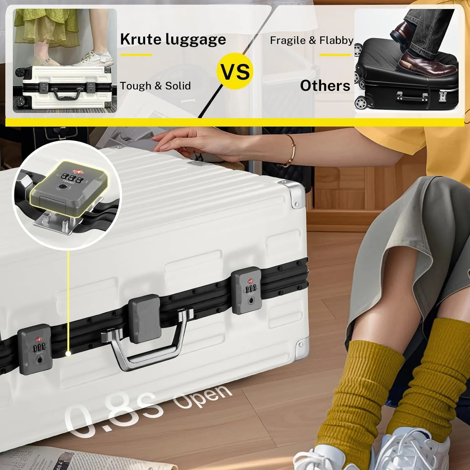 Krute 28 Inch Aluminum Frame No Zipper Large Luggage Noble Metal Hardshell Lightweight Luggage PC ABS TSA Suitcase with Spinner Wheels White