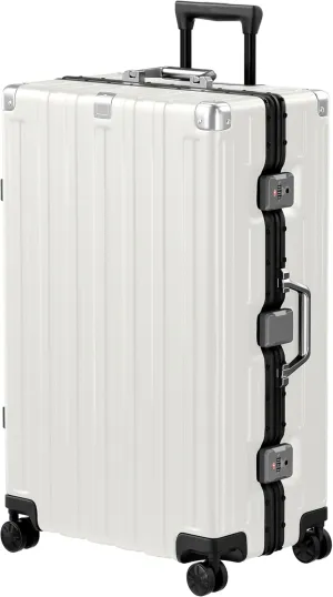 Krute 28 Inch Aluminum Frame No Zipper Large Luggage Noble Metal Hardshell Lightweight Luggage PC ABS TSA Suitcase with Spinner Wheels White