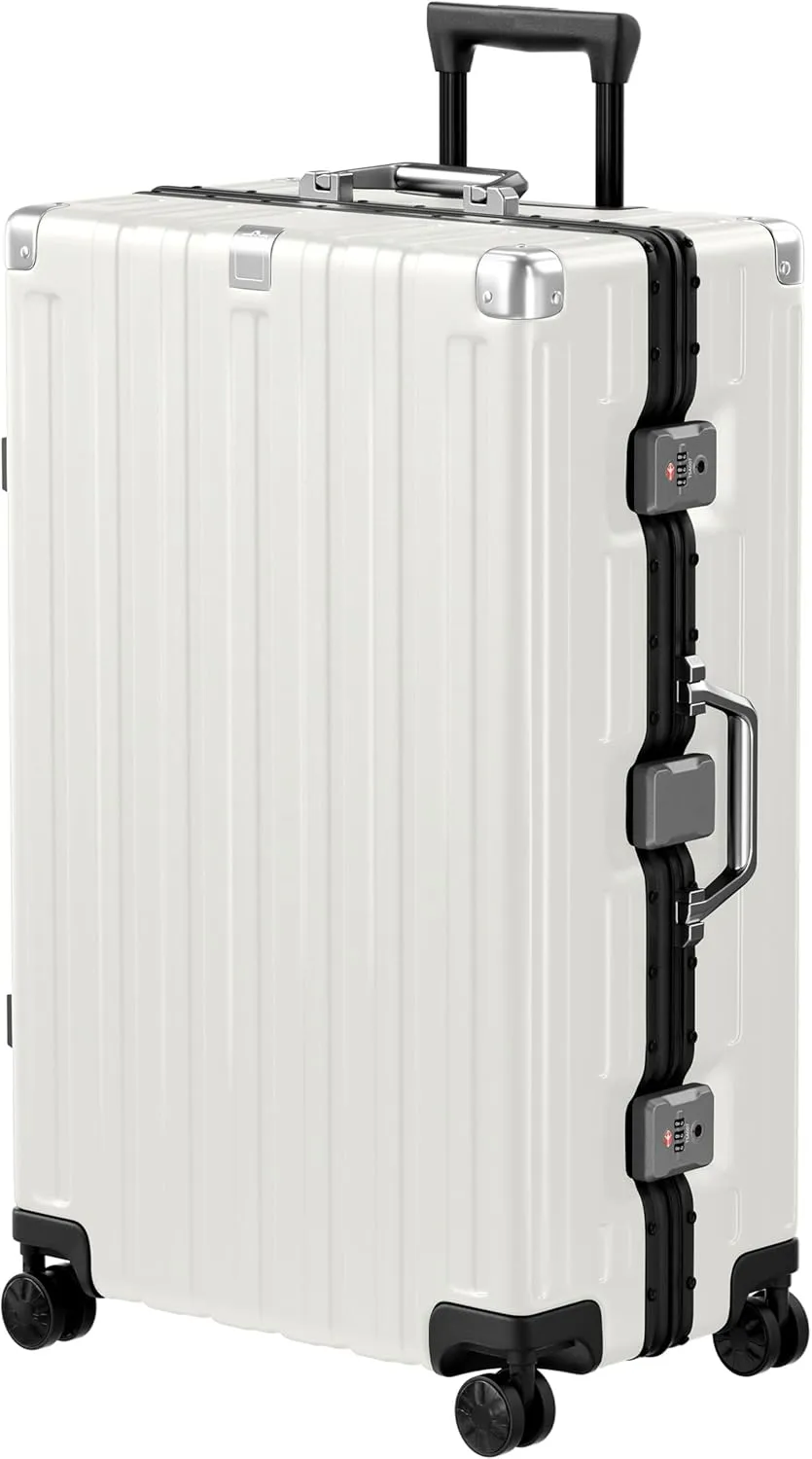 Krute 28 Inch Aluminum Frame No Zipper Large Luggage Noble Metal Hardshell Lightweight Luggage PC ABS TSA Suitcase with Spinner Wheels White