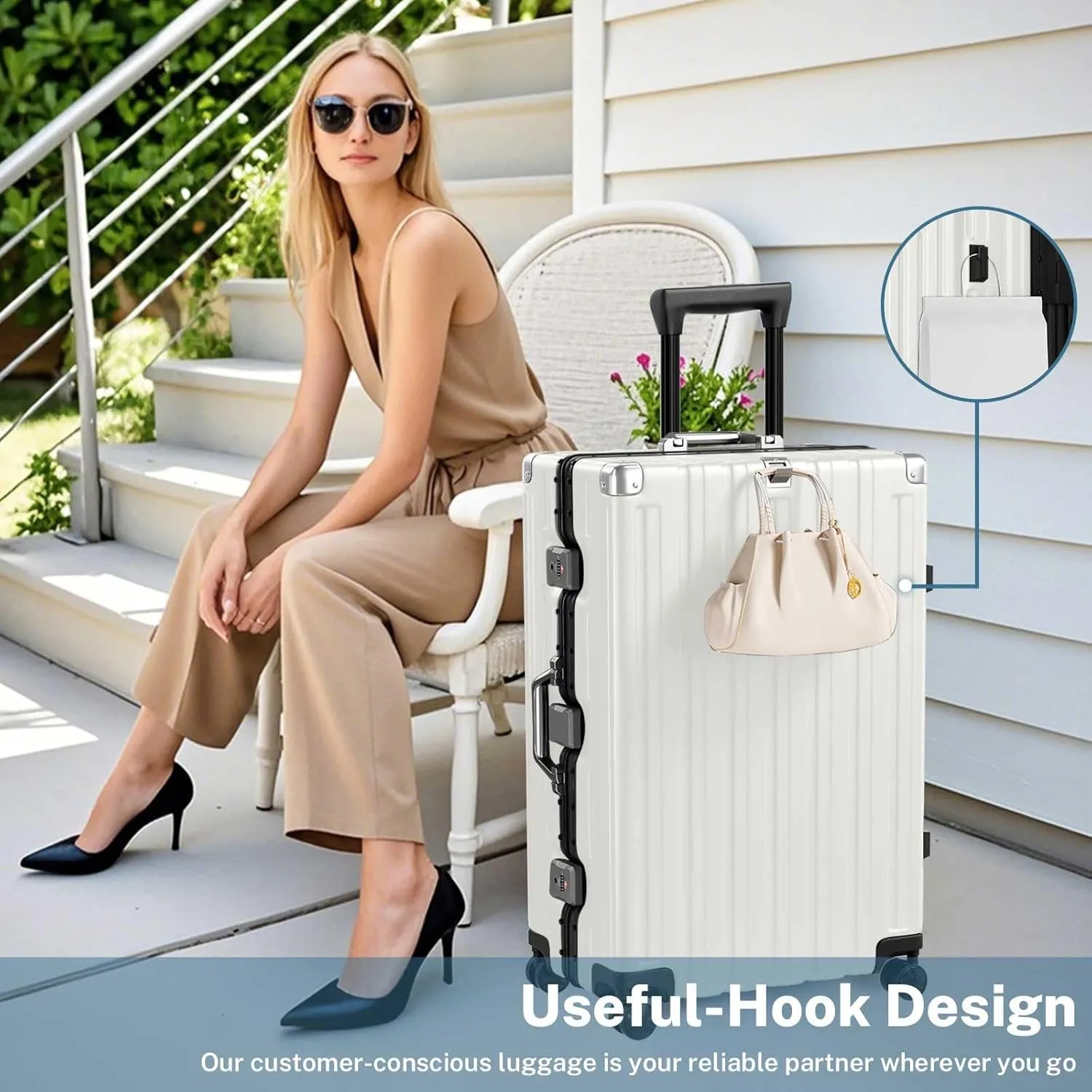 Krute 28 Inch Aluminum Frame No Zipper Large Luggage Noble Metal Hardshell Lightweight Luggage PC ABS TSA Suitcase with Spinner Wheels White