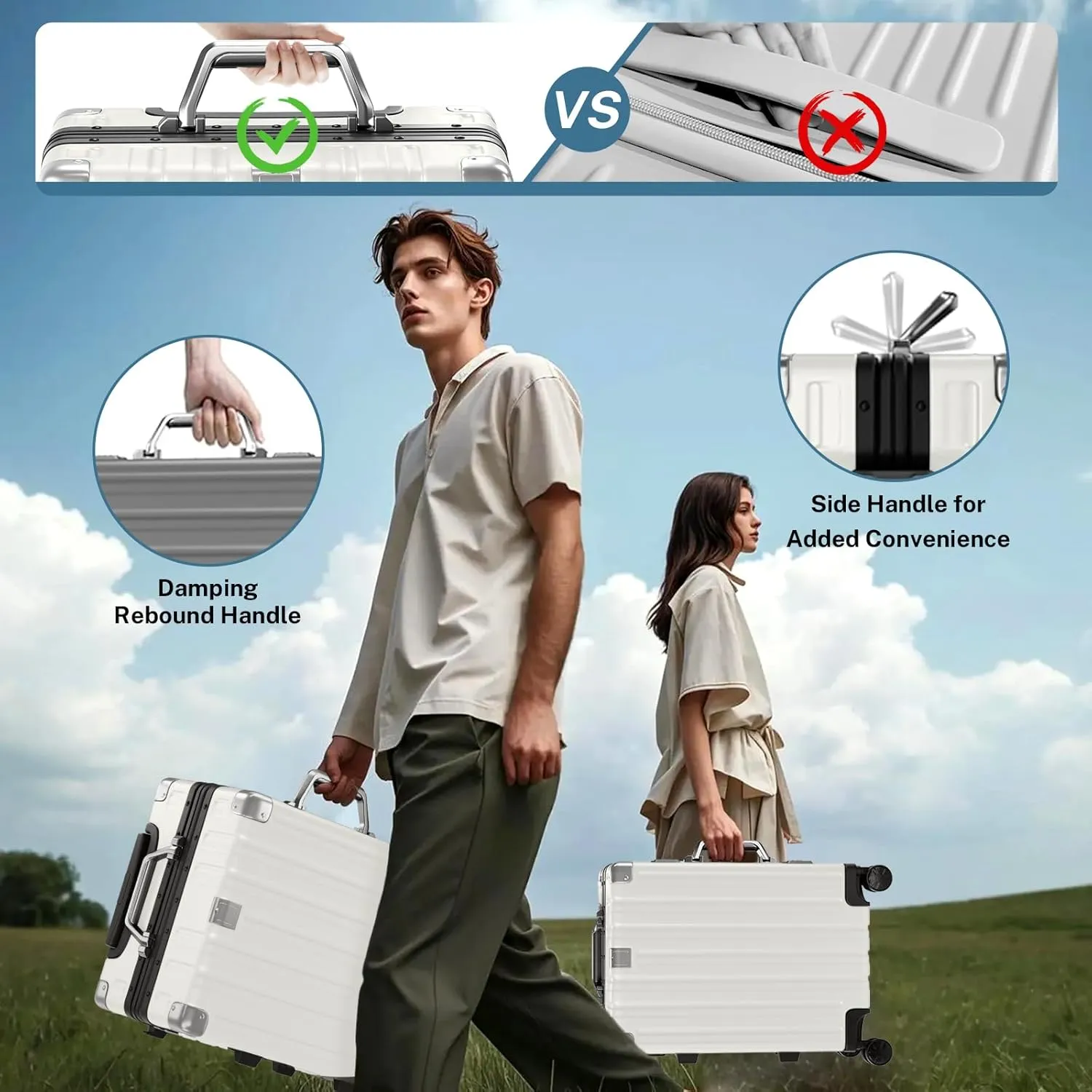 Krute 28 Inch Aluminum Frame No Zipper Large Luggage Noble Metal Hardshell Lightweight Luggage PC ABS TSA Suitcase with Spinner Wheels White