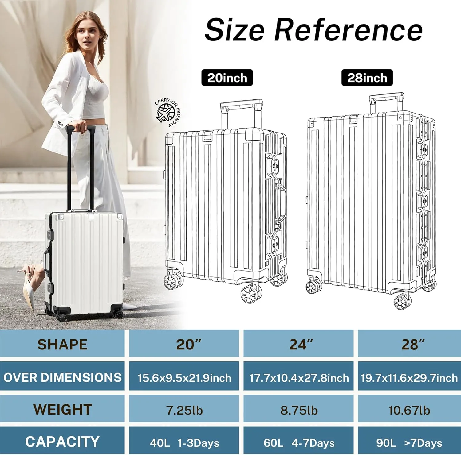 Krute 28 Inch Aluminum Frame No Zipper Large Luggage Noble Metal Hardshell Lightweight Luggage PC ABS TSA Suitcase with Spinner Wheels White