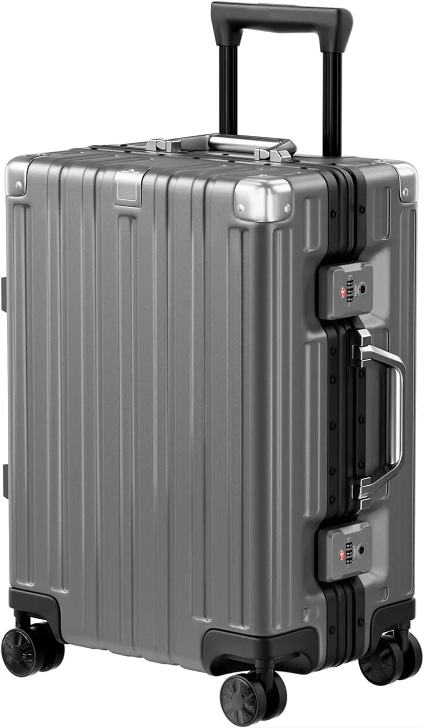 Krute Carry On Luggage Aluminum Frame No Zipper Metal Hardshell PC ABS Luggage Noble TSA Airline Approved Suitcase with Spinner Wheels 20 Inch Gray