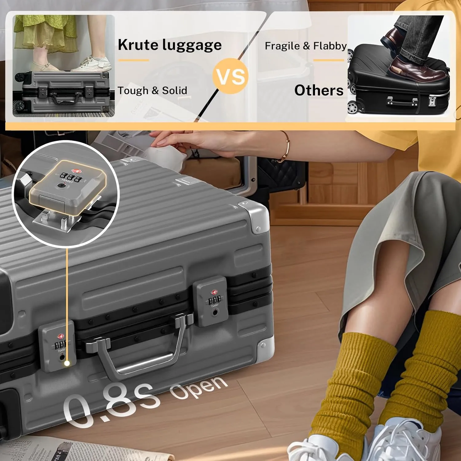 Krute Carry On Luggage Aluminum Frame No Zipper Metal Hardshell PC ABS Luggage Noble TSA Airline Approved Suitcase with Spinner Wheels 20 Inch Gray
