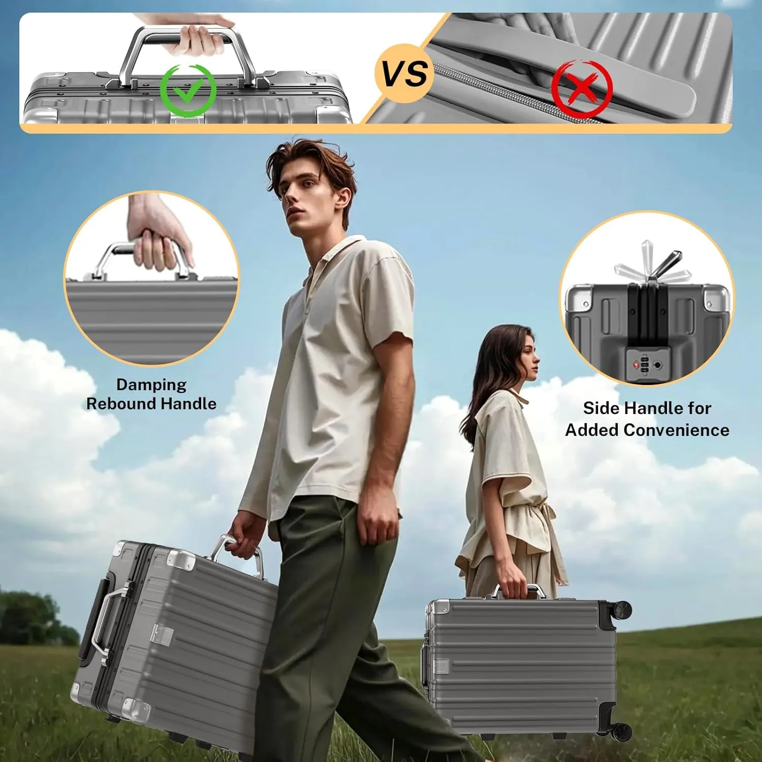 Krute Carry On Luggage Aluminum Frame No Zipper Metal Hardshell PC ABS Luggage Noble TSA Airline Approved Suitcase with Spinner Wheels 20 Inch Gray