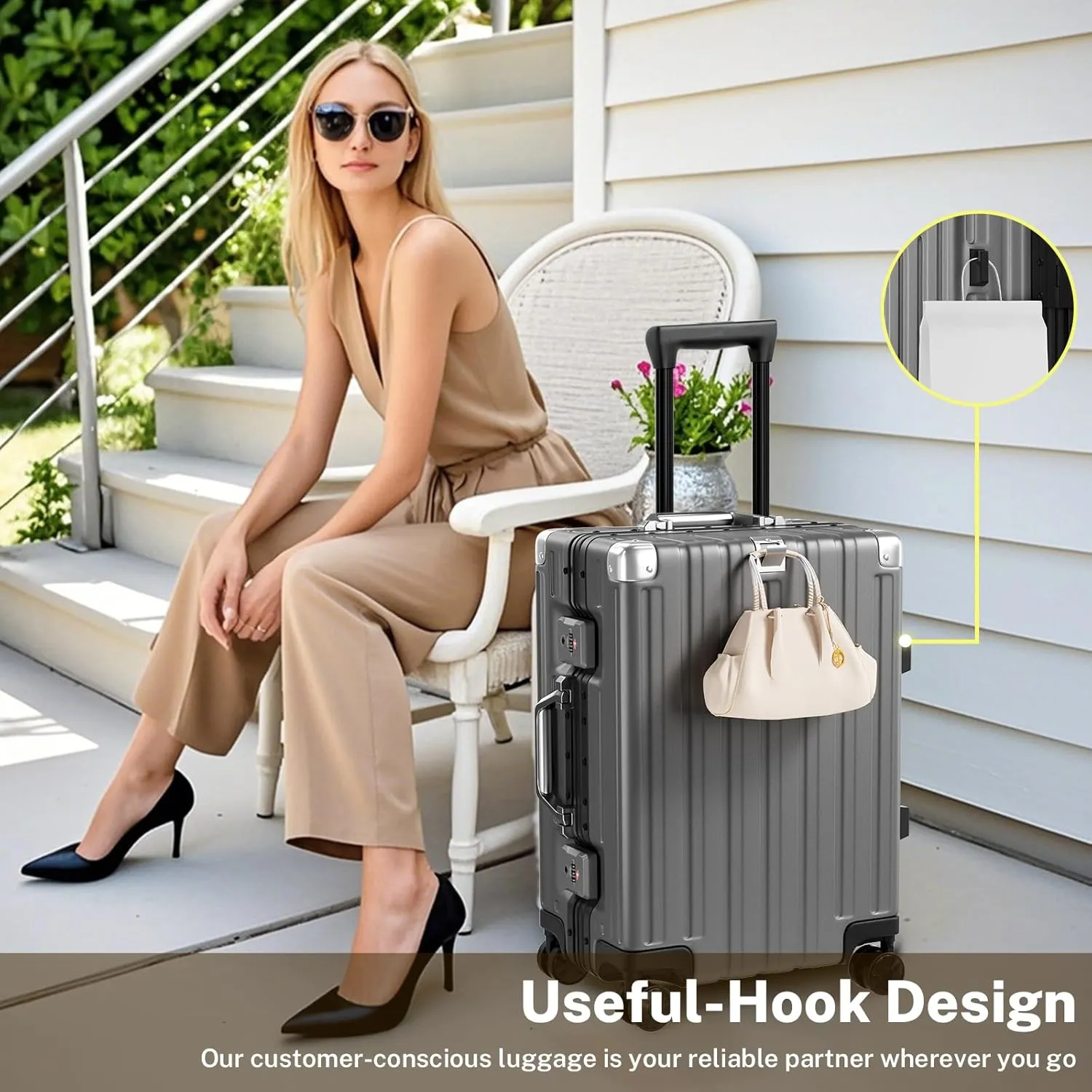 Krute Carry On Luggage Aluminum Frame No Zipper Metal Hardshell PC ABS Luggage Noble TSA Airline Approved Suitcase with Spinner Wheels 20 Inch Gray
