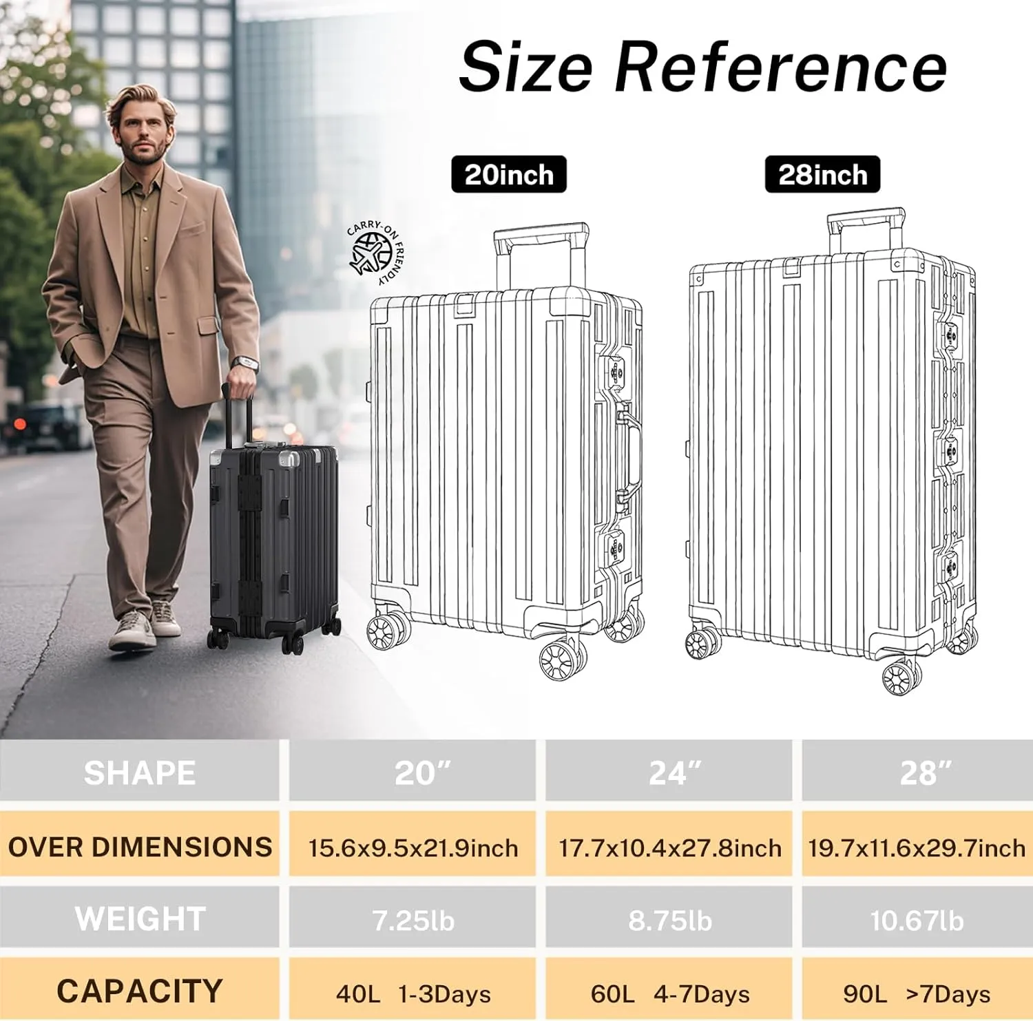 Krute Carry On Luggage Aluminum Frame No Zipper Metal Hardshell PC ABS Luggage Noble TSA Airline Approved Suitcase with Spinner Wheels 20 Inch Gray