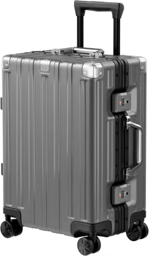 Krute Carry On Luggage Aluminum Frame No Zipper Metal Hardshell PC ABS Luggage Noble TSA Airline Approved Suitcase with Spinner Wheels 20 Inch Gray