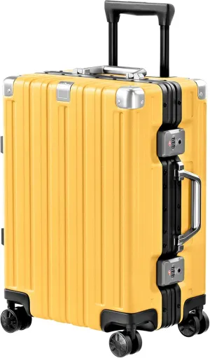 Krute Carry On Luggage Aluminum Frame No Zipper Metal Hardshell PC ABS Luggage Noble TSA Airline Approved Suitcase with Spinner Wheels 20 Inch Yellow