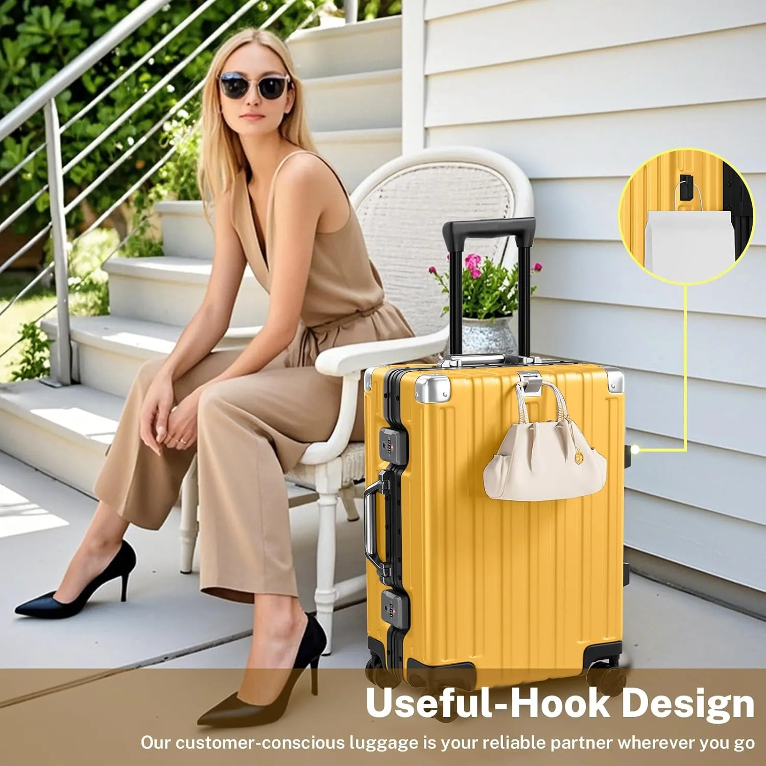 Krute Carry On Luggage Aluminum Frame No Zipper Metal Hardshell PC ABS Luggage Noble TSA Airline Approved Suitcase with Spinner Wheels 20 Inch Yellow