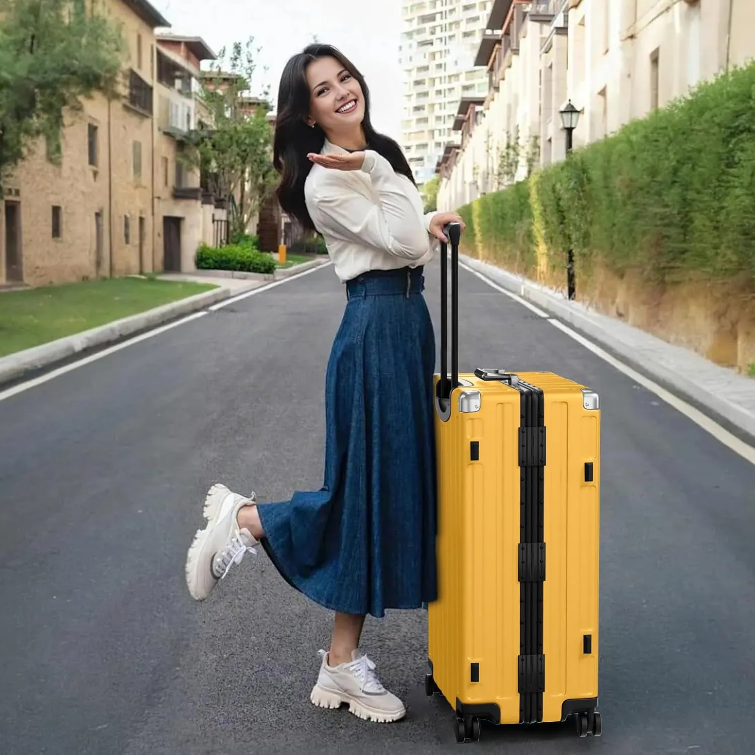 Krute Carry On Luggage Aluminum Frame No Zipper Metal Hardshell PC ABS Luggage Noble TSA Airline Approved Suitcase with Spinner Wheels 20 Inch Yellow