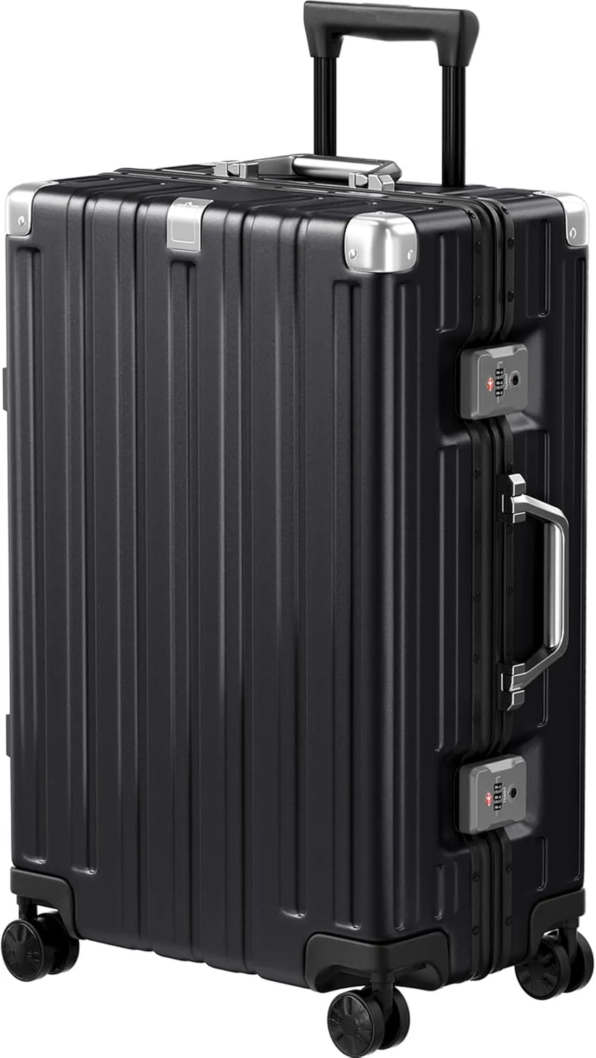 Krute Luggage Aluminum Frame Zipperless Metal Checked Luggage Noble PC ABS Lightweight Hardshell Suitcase with TSA Lock Spinner Wheels 24 Inch Black