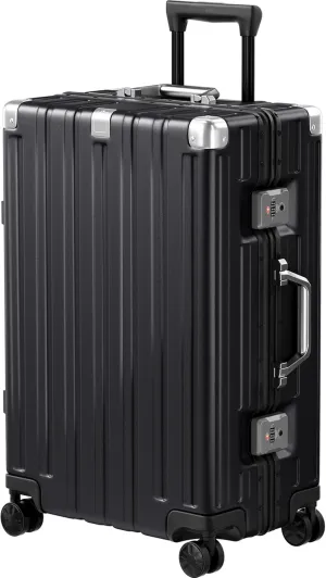 Krute Luggage Aluminum Frame Zipperless Metal Checked Luggage Noble PC ABS Lightweight Hardshell Suitcase with TSA Lock Spinner Wheels 24 Inch Black
